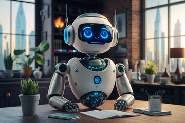 Fototapeta premium The Future of Learning: A friendly, futuristic robot sits at a desk in a modern office, engrossed in a book. The robot's blue eyes and expressive face suggest curiosity and a thirst for knowledge. T