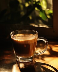 Fototapeta premium A glass cup filled with coffee, warm brown tones reflected in the glass