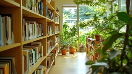 Fototapeta premium Bookshelves in a sunlit room.