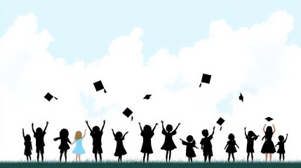 Obraz premium Celebratory graduation scene with silhouettes of girls throwing caps in the air against a blue sky.