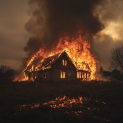 A large cottage on fire, flames bursting through the windows