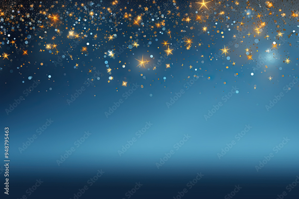 Poster blue background with silver and gold snowflake particles and blurred bokeh sparkles