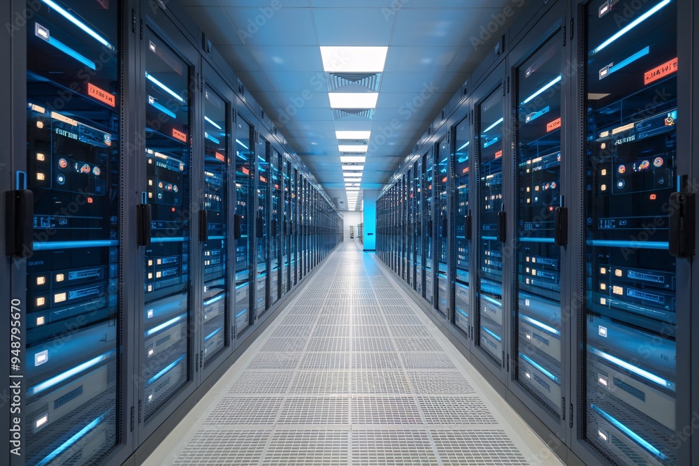 Poster digital corridor: the heart of the information age - rows of powerful servers hum with activity, ill