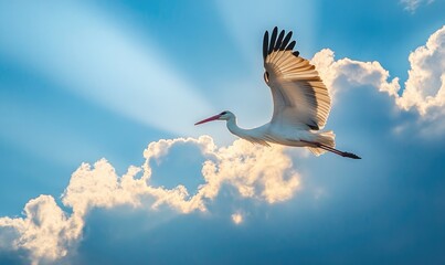 Obraz premium A lone stork gliding peacefully, sunlight streaming through the clouds