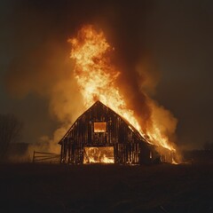 A rural barn consumed by fire, flames licking the sky