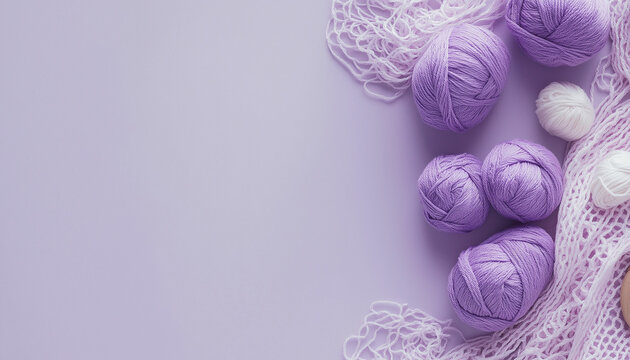 A serene image featuring purple yarn balls arranged on a pastel lavender background with a crochet net. Perfect for crafting, knitting, and textile design themes.