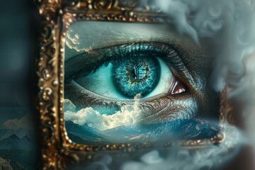 A close-up of an eye, framed by a vibrant tree in the background, representing the connection between vision and nature, Formulate an image that challenges the viewer's sense of reality. Ai generated