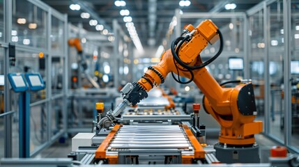 Naklejka premium Automated Factory with Robotic Arms on Assembly Line