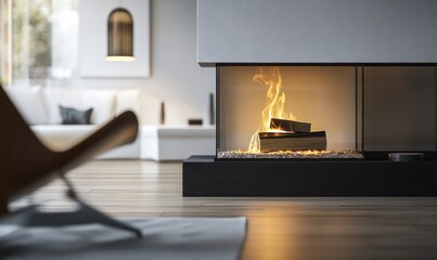 A single log burning in a modern indoor fireplace