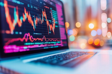 Laptop Displaying Colorful Financial Charts in a Modern Office