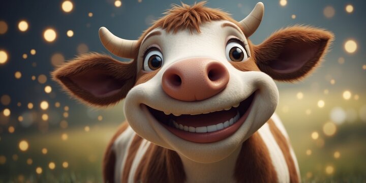 Animated joyful cow character with a big smile.