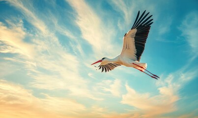Fototapeta premium A single stork flying against a blue sky