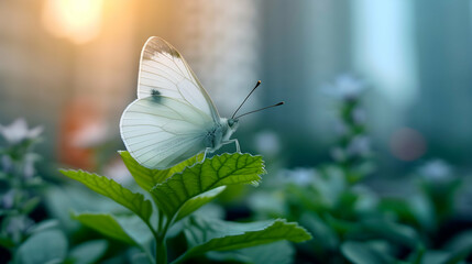 Small White Butterfly Sitting Top Green