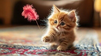 Playful Kitten with Feather Toy on Colorful Rug - Adorable Pet Photography