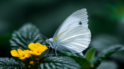 Small White Butterfly Sitting Top Green