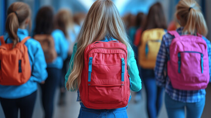 A group of students with colorful backpacks walks down a busy school hallway, capturing the energy and spirit of education and student life.