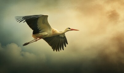 Obraz premium A stork flying gracefully, soft light shining on its wings