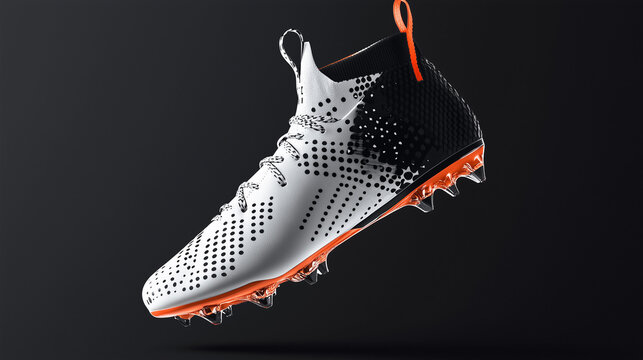 Sleek and modern white American football cleat with a minimalist design. Features bold black accents and orange soles, showcasing high-performance sports footwear.