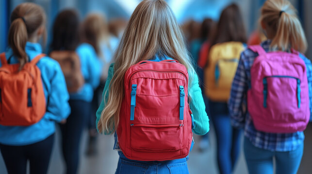 A group of students with colorful backpacks walks down a busy school hallway, capturing the energy and spirit of education and student life.