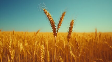 Fototapeta premium Golden wheat fields dancing in the wind, vibrant stalks shimmering under a bright blue sky, embodying the beauty of nature's harvest season.