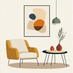 Living room decor template with poster, armchair, table, lamp, vase, and accessories.
