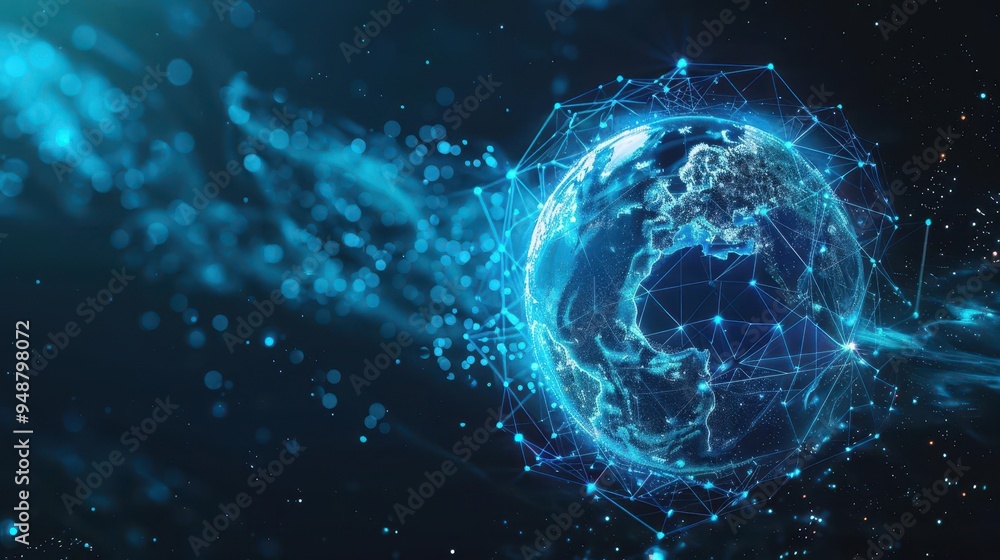 Aufkleber neural network globe pulsing with electric blue energy interconnected nodes form a luminous planetar