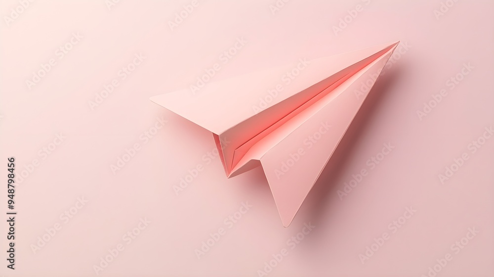 Wall mural A close-up shot of a realistic paper airplane resting on a light solid color background, showcasing its folds and creases