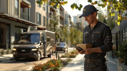Delivery driver scanning a package with a handheld device in a commercial area.