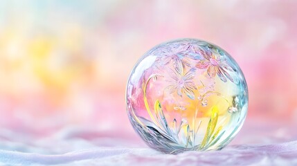 A close-up of a beautifully crafted glass paperweight with intricate designs, placed against a soft pastel backdrop
