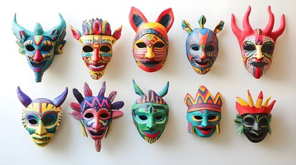 A collection of vibrant papier-mache masks displayed on a light solid color surface, emphasizing their artistic designs and craftsmanship