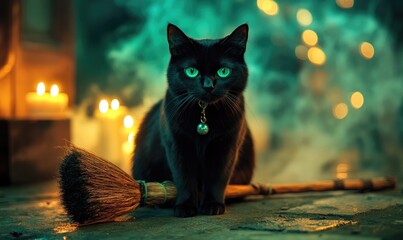 Obraz premium Black cat with green eyes sitting on a broomstick