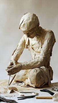 An Artist At Work, Carefully Crafting A Papier-mache Figure With Tools And Materials Scattered Around, Set Against A Light Solid Color Backdrop