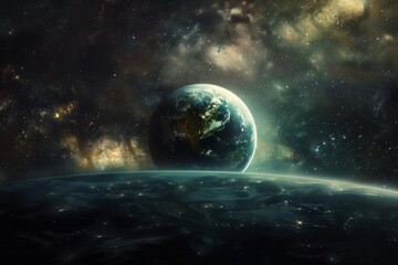 Obraz premium A stunning depiction of the universe, showcasing stars, galaxies, and cosmic phenomena in a vast, dark expanse, Generate an image that appears to be floating or hovering in space. AI generated