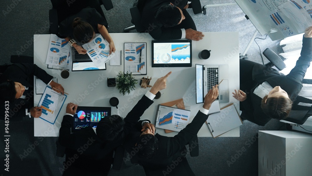 Poster top view of smart manager project pointing at whiteboard with mind map and financial graph and expla