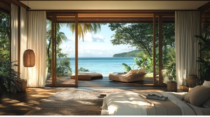 Fototapeta premium Luxurious bedroom with tropical view.