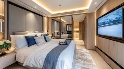 Fototapeta premium Modern Bedroom Interior Design with a Touch of Coastal Luxury.