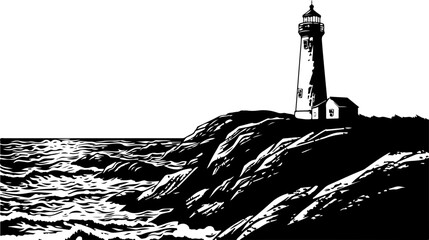 Fototapeta premium Woodcut Lighthouse on Rocky Coastline with Waves