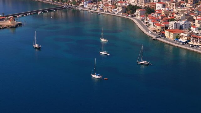greece peloponnese region gytheio town lighthouse coastal houses chapel and boats aerial view 4k footage