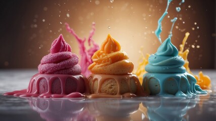 Artistic composition of desserts and splashes in vibrant colors.