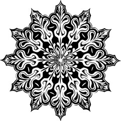 Intricate Black and White Snowflake Woodcut Design