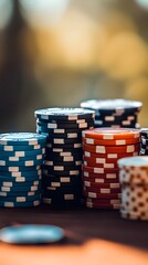 Naklejka premium A focused image of poker chips stacked in a neat pile with a blurred background, highlighting the color and texture against a light solid color
