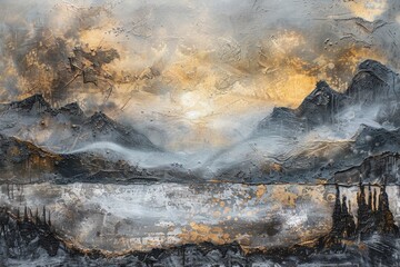 Abstract landscape 3D wall art piece with layered textures and atmospheric effects