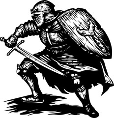 Woodcut of a Knight in Armor with Shield and Sword