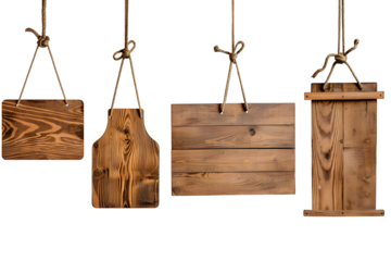 Set of wooden hanging banner, sign or boards isolated on transparent background. PNG, cutout.