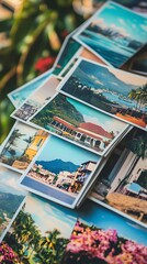 Fototapeta premium A stack of colorful postcards showcasing travel destinations, set on a light neutral background that allows for personalized messages