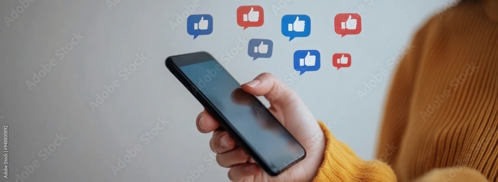 Poster a person using social media on their phone, with icons for likes and increasingly large thumbs-up fl