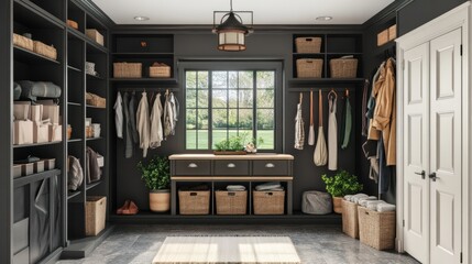 Fototapeta premium Modern Entryway with Black Shelving and Wicker Baskets.