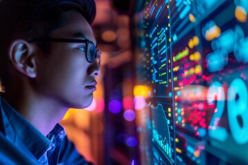 Obraz premium A data scientist analyzing big data sets on a supercomputer, extracting insights and patterns for decision-making