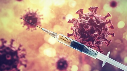 Closeup of syringe with medical needle and virus cells background, macro view, bokeh background