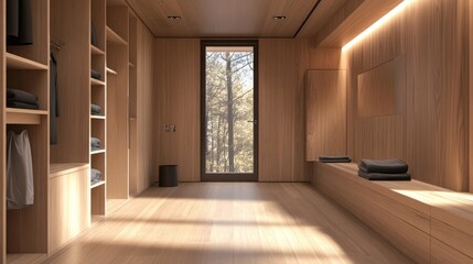 Obraz premium Minimalist Walk-In Closet with Natural Light.